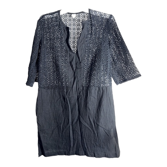 ECHO Womens Black Cotton Eyelet Rolltab Sleeve Swim Tunic Coverup Sz M - Picture 1 of 8